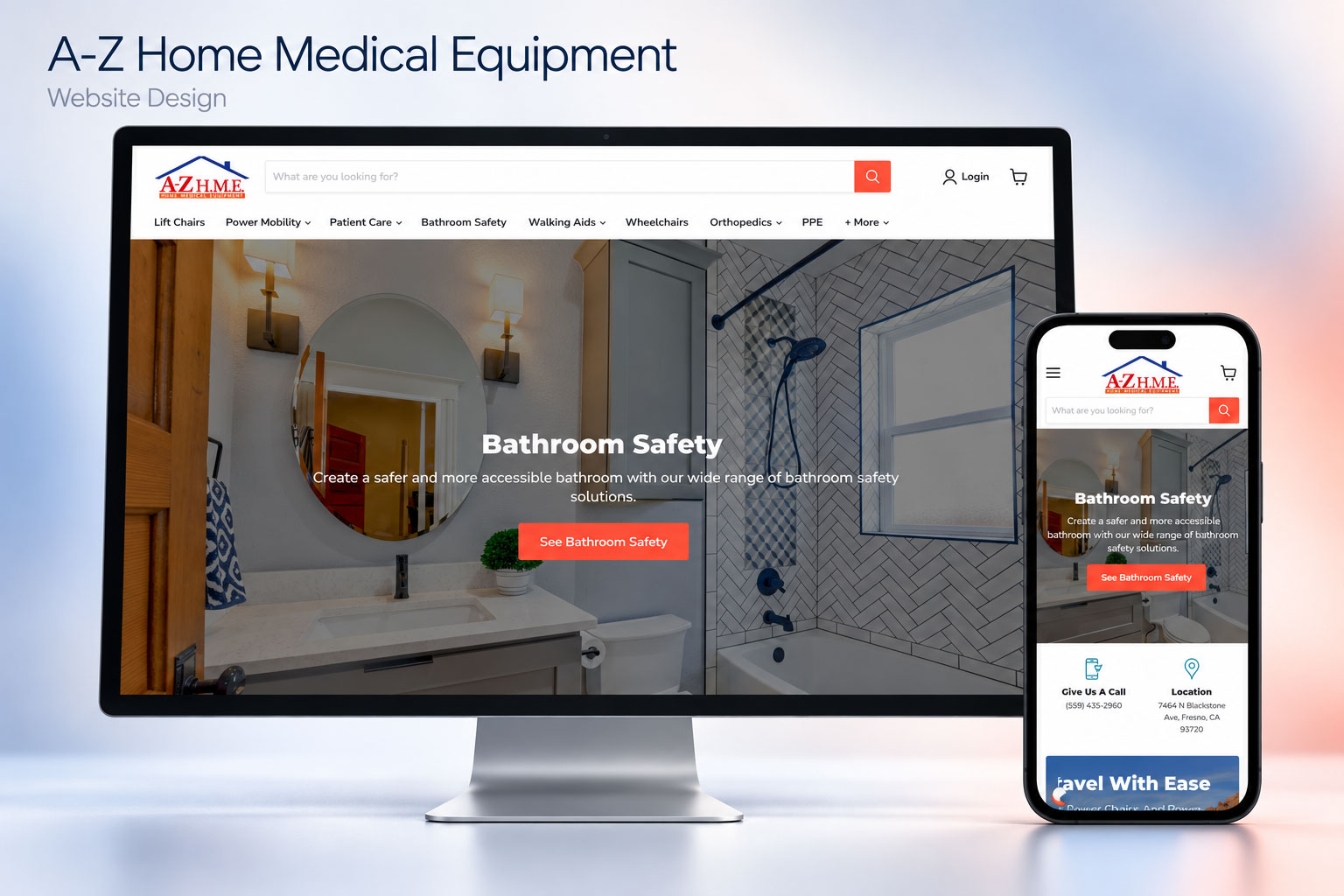 A–Z Home Medical Equipment website design by JP Solutions, shown on desktop and mobile