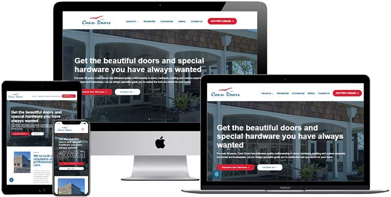 JP Solutions website design for Conn Doors, shown across devices