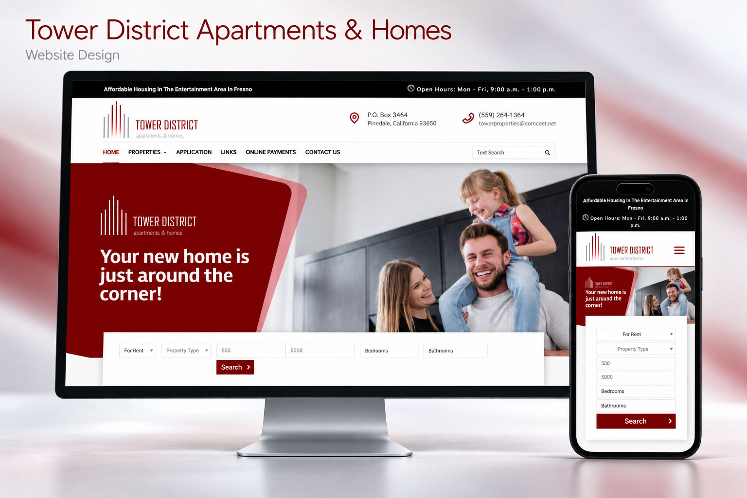 Tower District Apartments & Homes website design by JP Solutions, shown on desktop and mobile